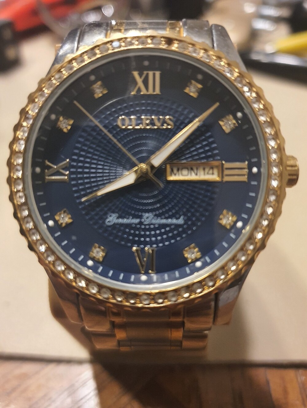 Olevs 6618G Silver/Goldtone/Blue Diamond Stainless Steel Men's Watch w/Day-Date